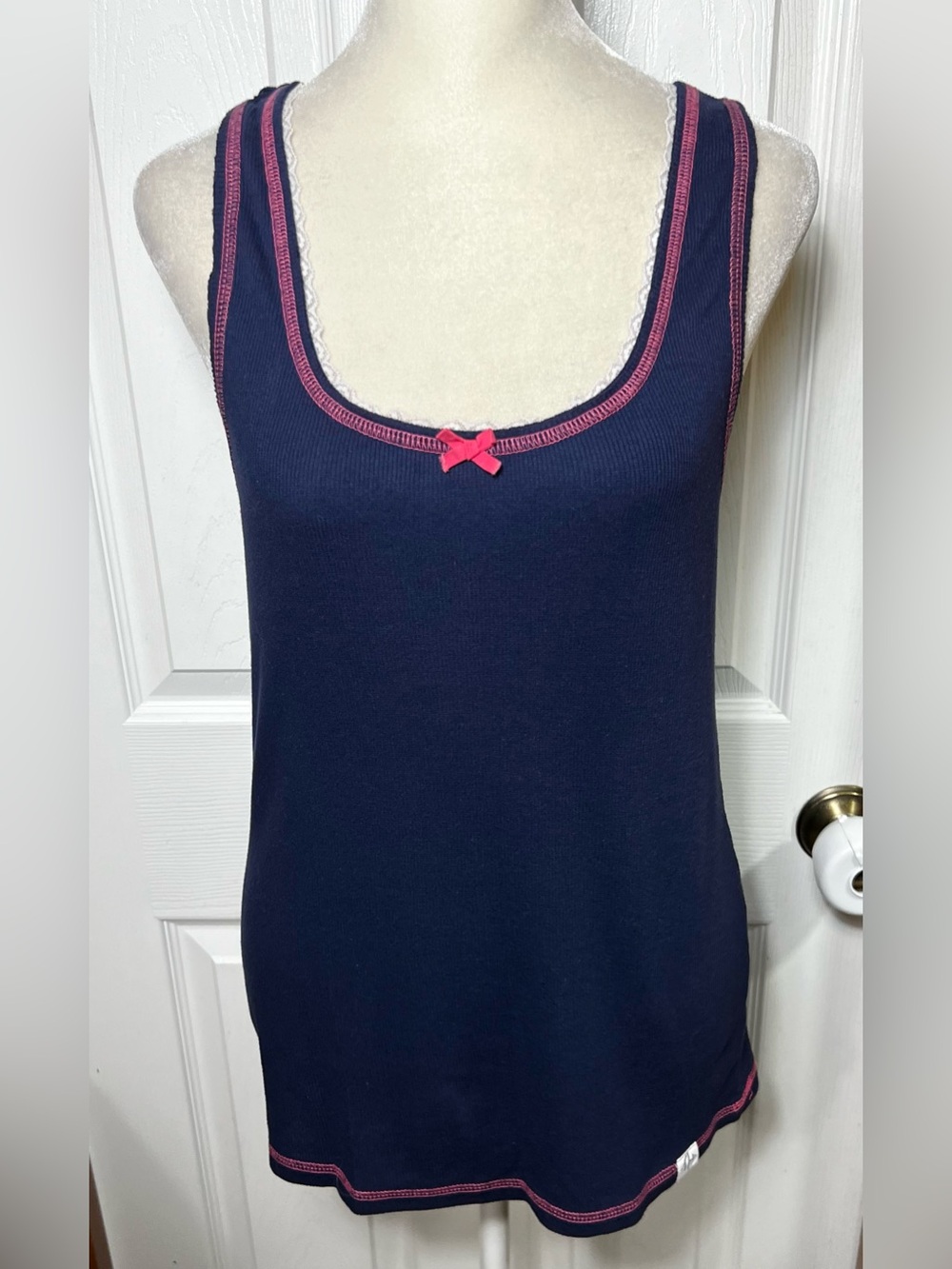 Tommy Hilfiger Y2K Tank Top Ribbed Tank Top Navy Blue/Pink Bow Lace Size M